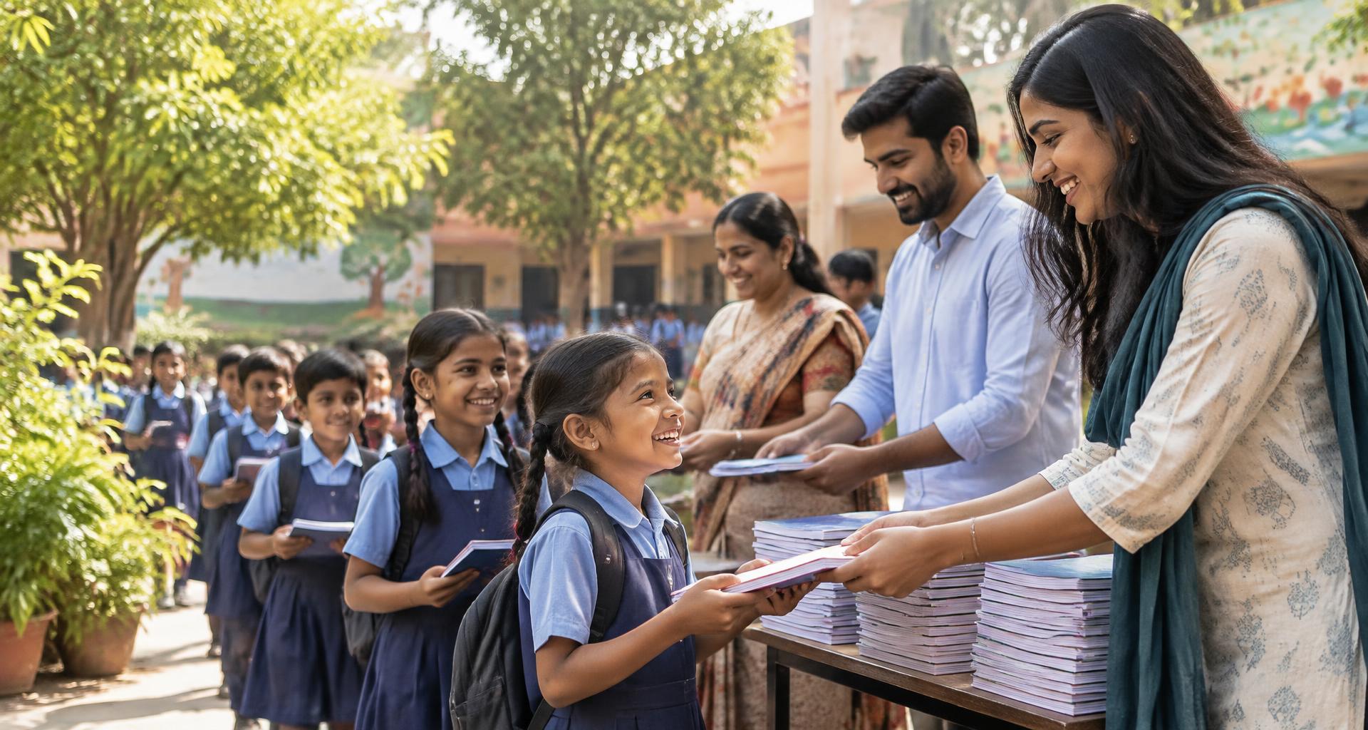 Illustrative volunteers sharing notebooks with Delhi schoolchildren